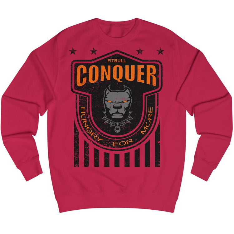 Red Fitbull fitness sweatshirt with 'Conquer' graphic design on a white background