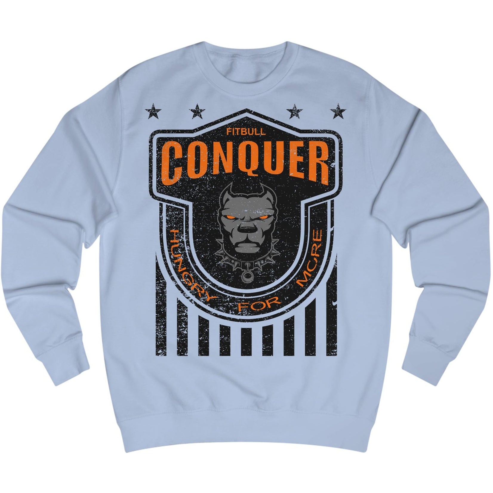 Light blue Fitbull fitness sweatshirt with 'Conquer' graphic design on a white background