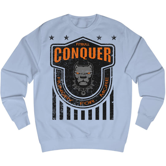 Light blue Fitbull fitness sweatshirt with 'Conquer' graphic design on a white background