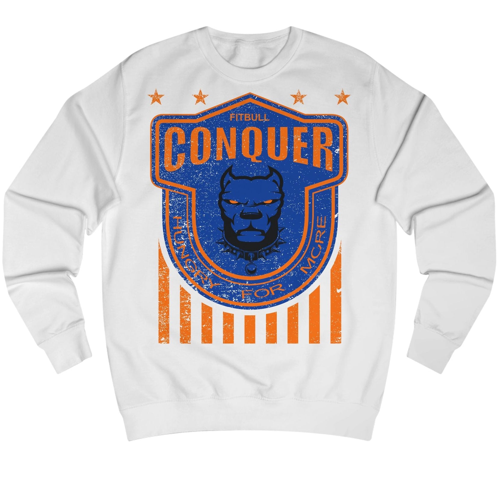 White Fitbull fitness sweatshirt with blue and orange graphic design on a white background