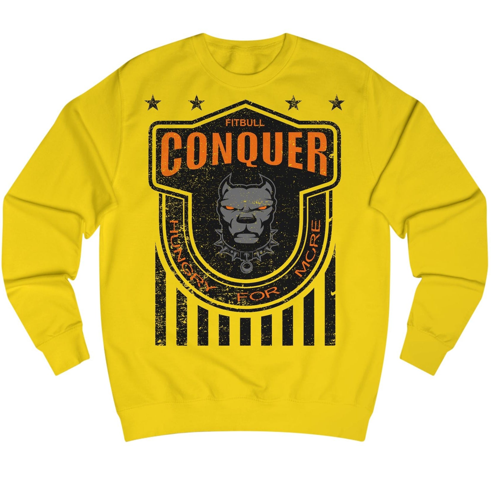 Yellow Fitbull bodybuilding sweatshirt with 'Conquer' graphic design on a white background