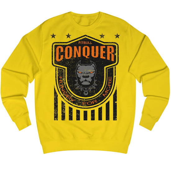Yellow Fitbull bodybuilding sweatshirt with 'Conquer' graphic design on a white background