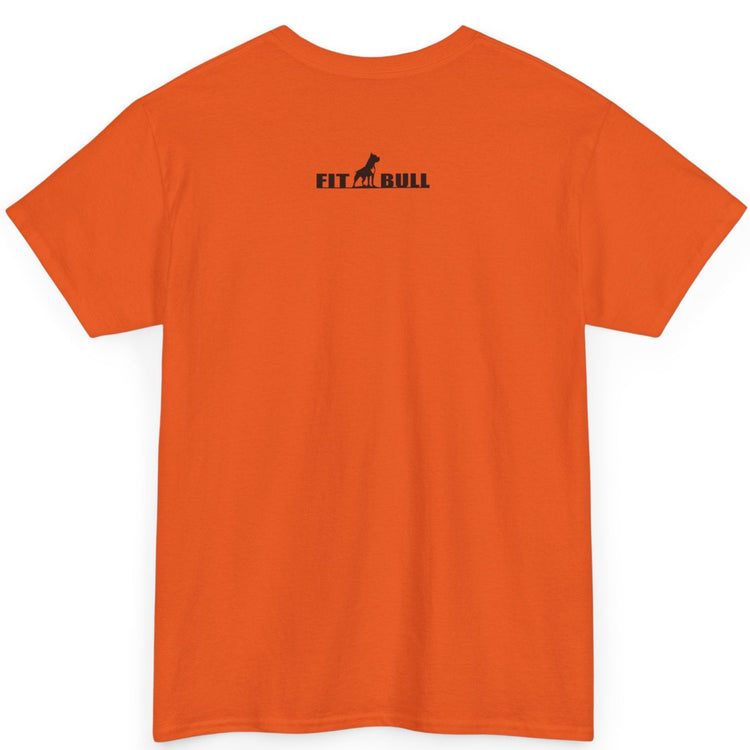 Orange t-shirt with 'FITBULL' logo on the back against a white background