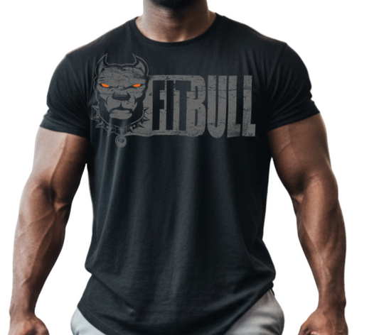 Person wearing a black 'FitBull' fitness t-shirt with a motivation bodybuilding graphic design