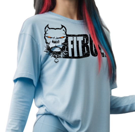 Person wearing a blue 'FitBull' fitness t-shirt with a motivation bodybuilding graphic design