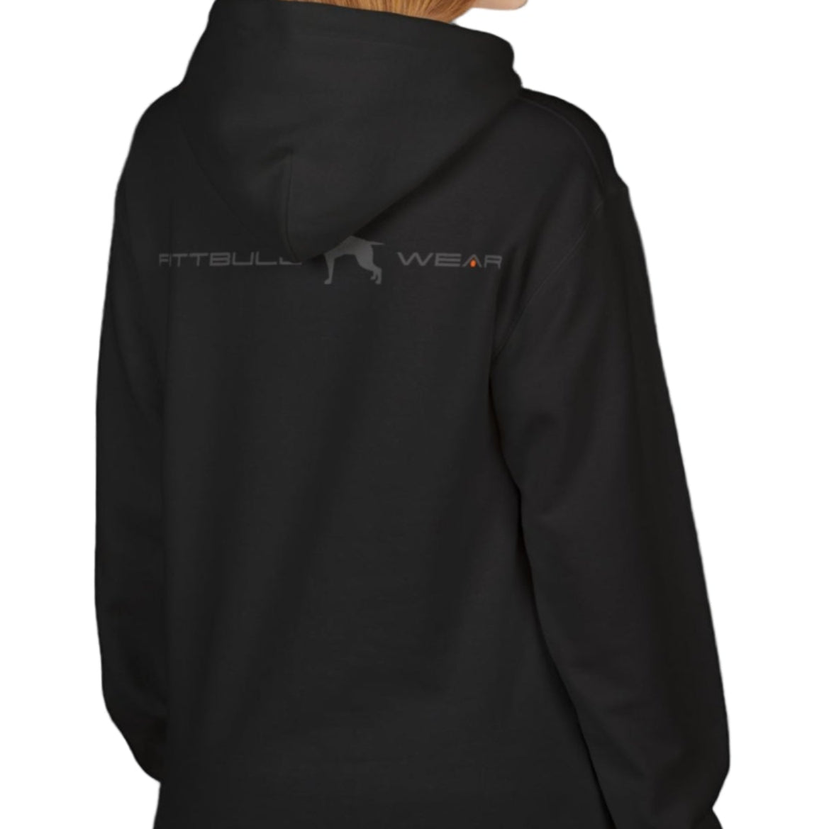 woman wear black sporty hoodie for fitness and crossfit by the Fitbull brand, branded with a logo and a motivating motif back view