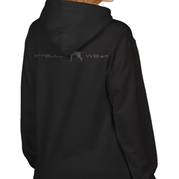 woman wear black sporty hoodie for fitness and crossfit by the Fitbull brand, branded with a logo and a motivating motif back view