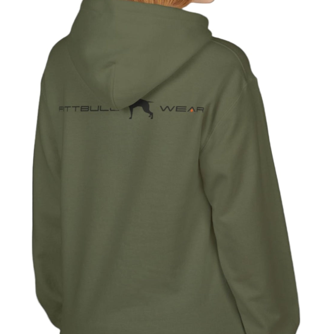  woman wear military-colored sporty hoodie for fitness and crossfit by the Fitbull brand, branded with a logo and a motivating motif side view