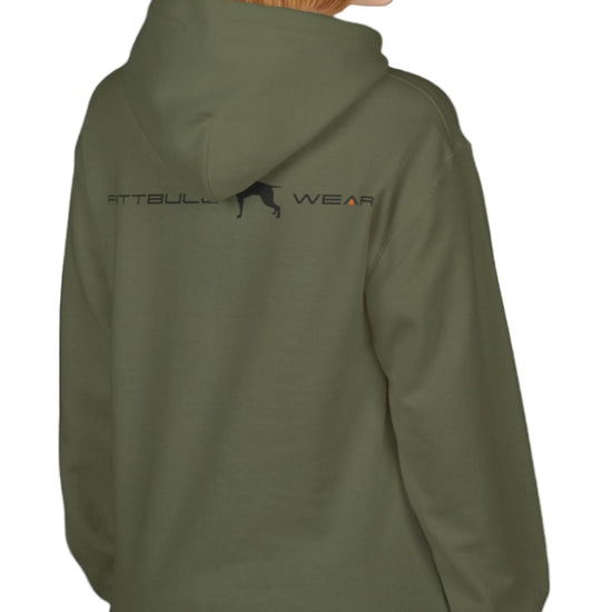  woman wear military-colored sporty hoodie for fitness and crossfit by the Fitbull brand, branded with a logo and a motivating motif side view