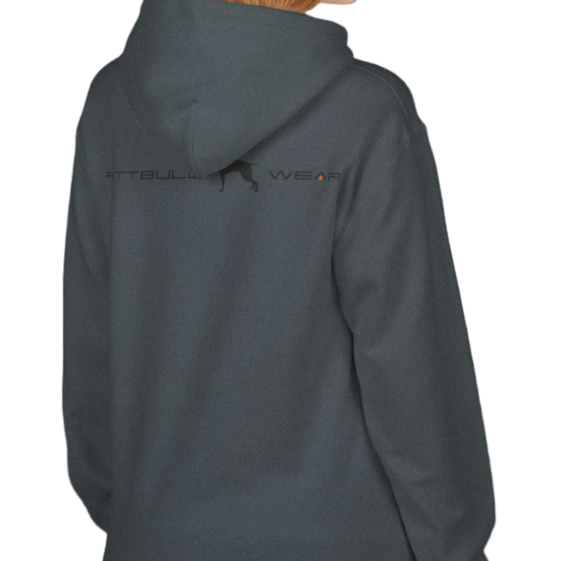  woman wear navy-colored sporty hoodie for fitness and crossfit by the Fitbull brand, branded with a logo and a motivating motif side view