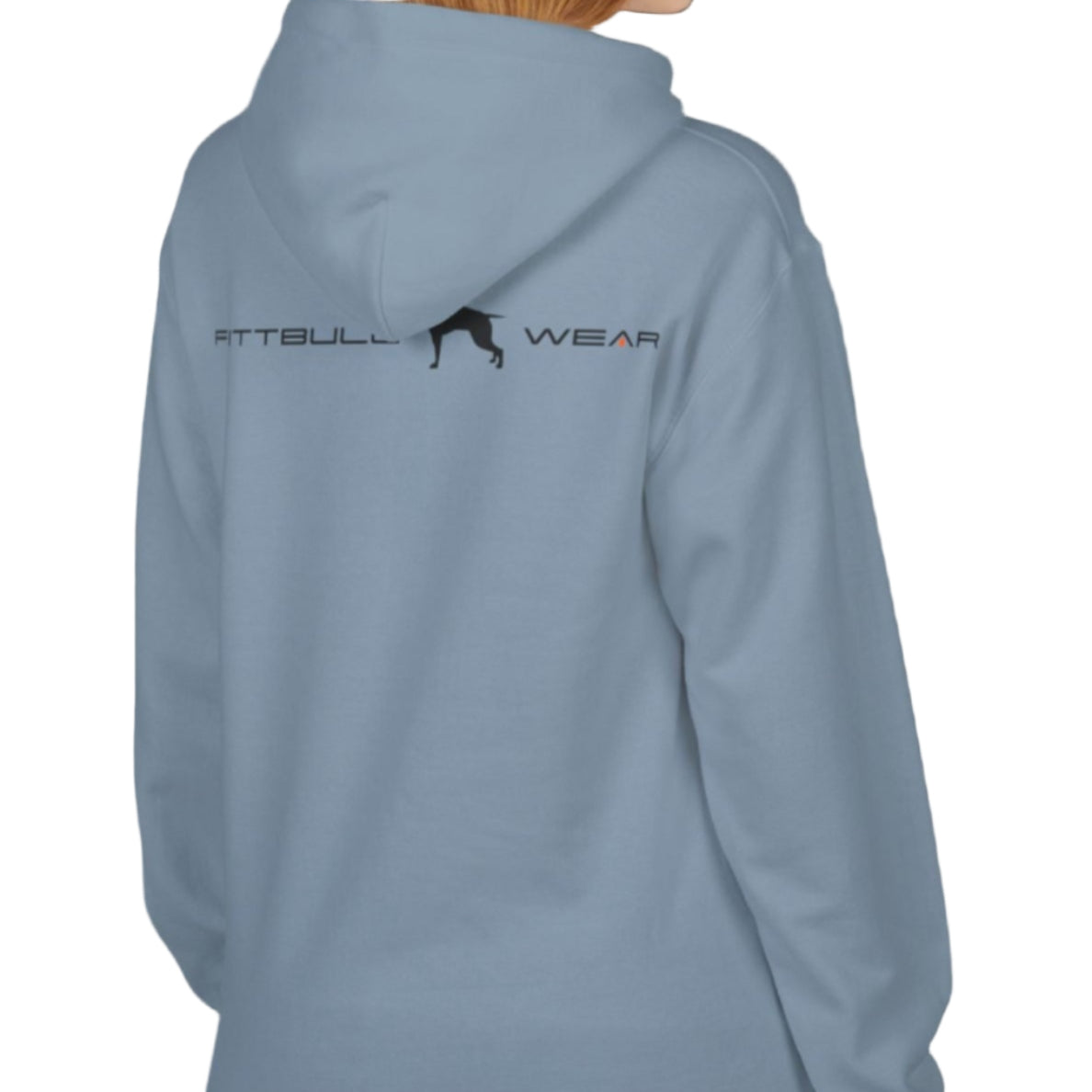 woman wear blue sporty hoodie for fitness and crossfit by the Fitbull brand, branded with a logo and a motivating motif side view