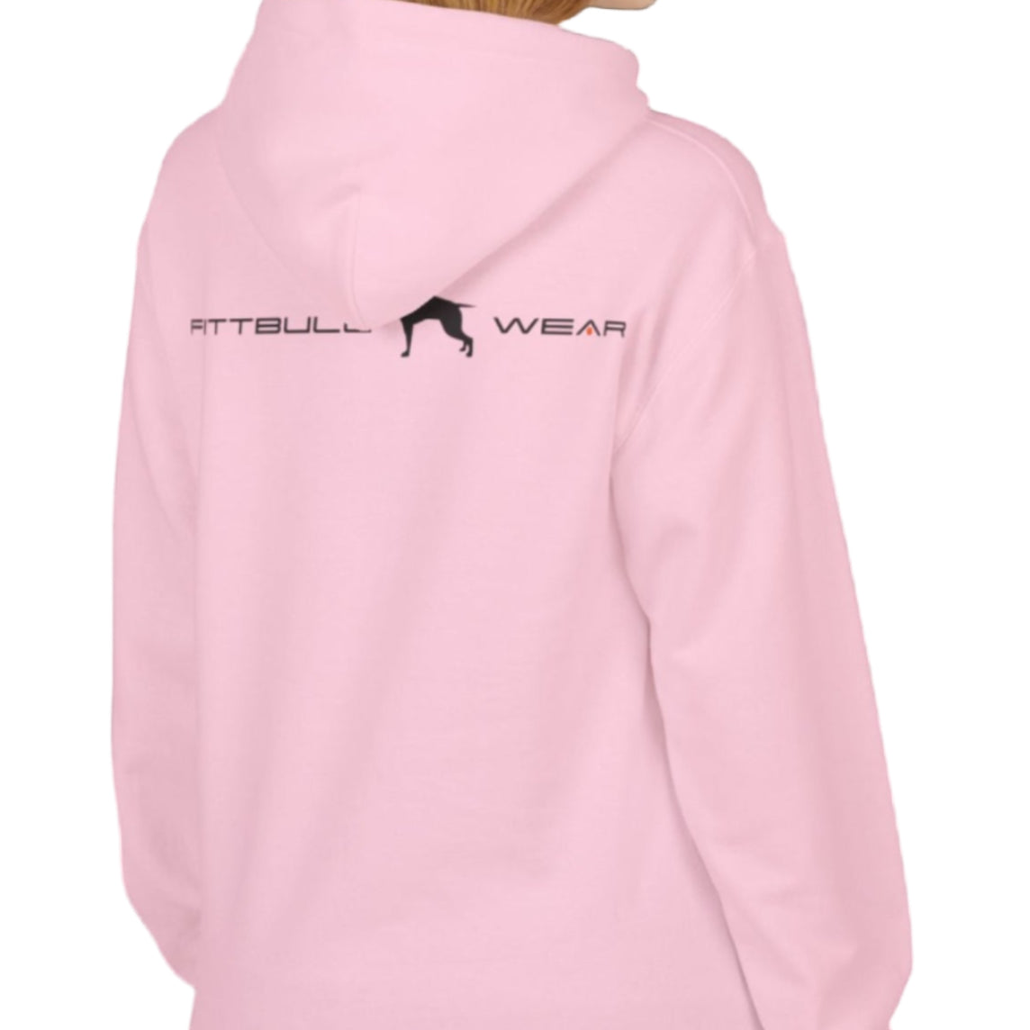 woman wear pink sporty hoodie for fitness and crossfit by the Fitbull brand, branded with a logo and a motivating motif side view