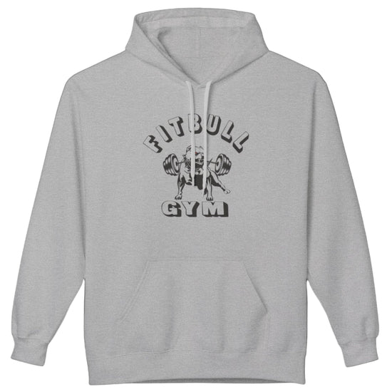 grey sporty hoodie for fitness and crossfit by the Fitbull brand, branded with a logo and a motivating motif.