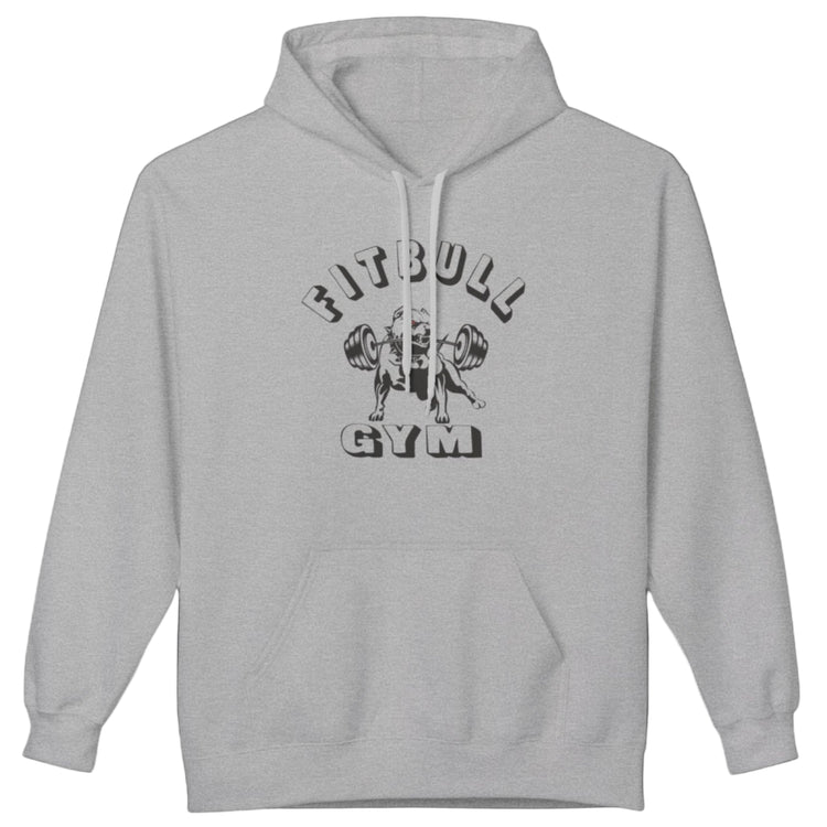 grey sporty hoodie for fitness and crossfit by the Fitbull brand, branded with a logo and a motivating motif.