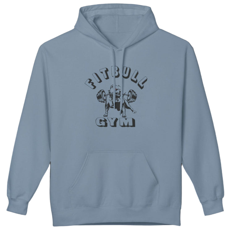 blue sporty hoodie for fitness and crossfit by the Fitbull brand, branded with a logo and a motivating motif