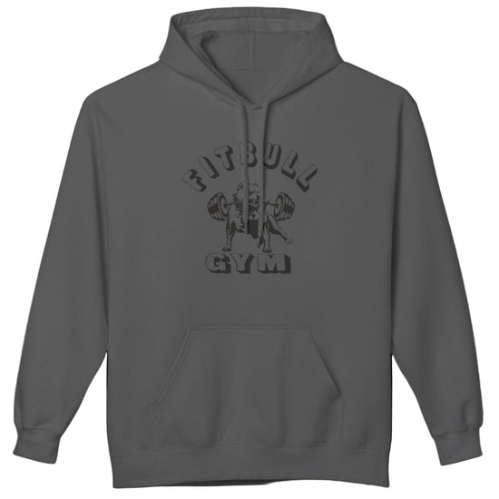 sport grey sporty hoodie for fitness and crossfit by the Fitbull brand, branded with a logo and a motivating motif