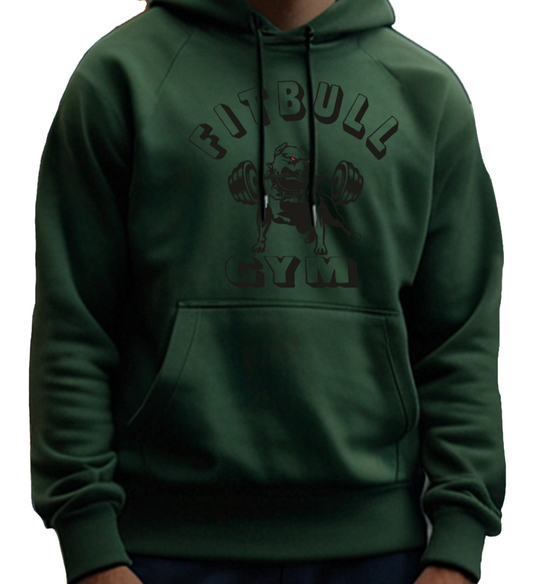 A man wearing a dark green, sporty hoodie for fitness and crossfit by the Fitbull brand, branded with a logo and a motivating motif.