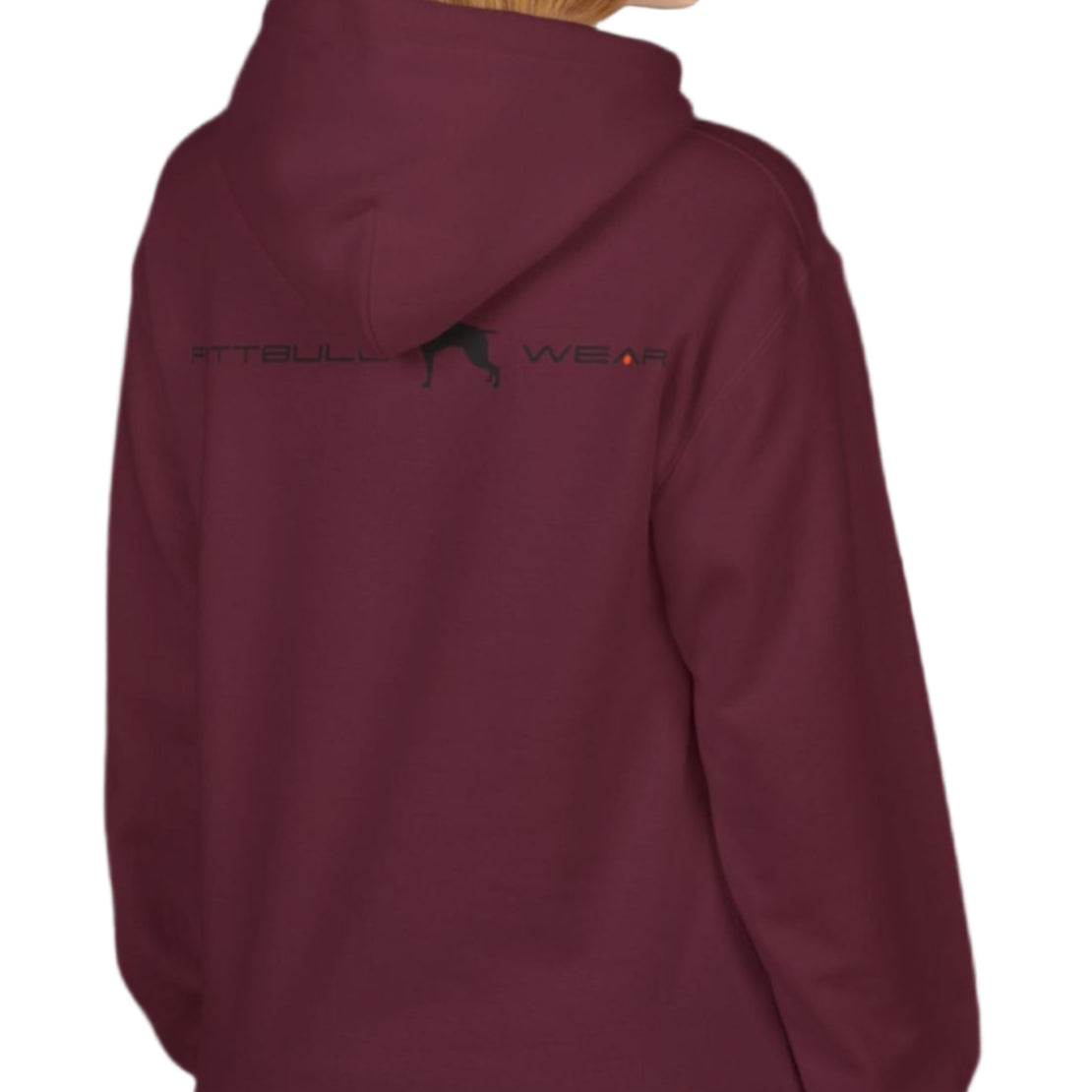 A woman wear sports rubin red hoodet, fitness sweatshirt Fitbull, with motivation desighn No Day Off back view.