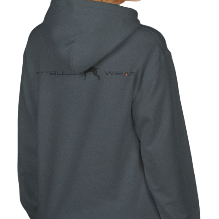 A woman wear sports sharcoal hoodet, fitness sweatshirt Fitbull, with motivation desighn No Day Off back view.