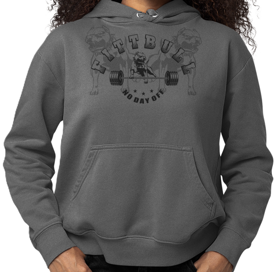 A woman wear sports grey hoodet, fitness sweatshirt Fitbull, with motivation desighn No Day Off.