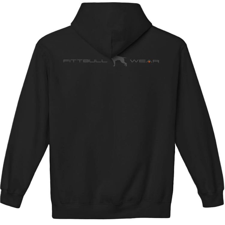 
sports black hoodet, fitness sweatshirt Fitbull, with motivation desighn No Day Off, back view
