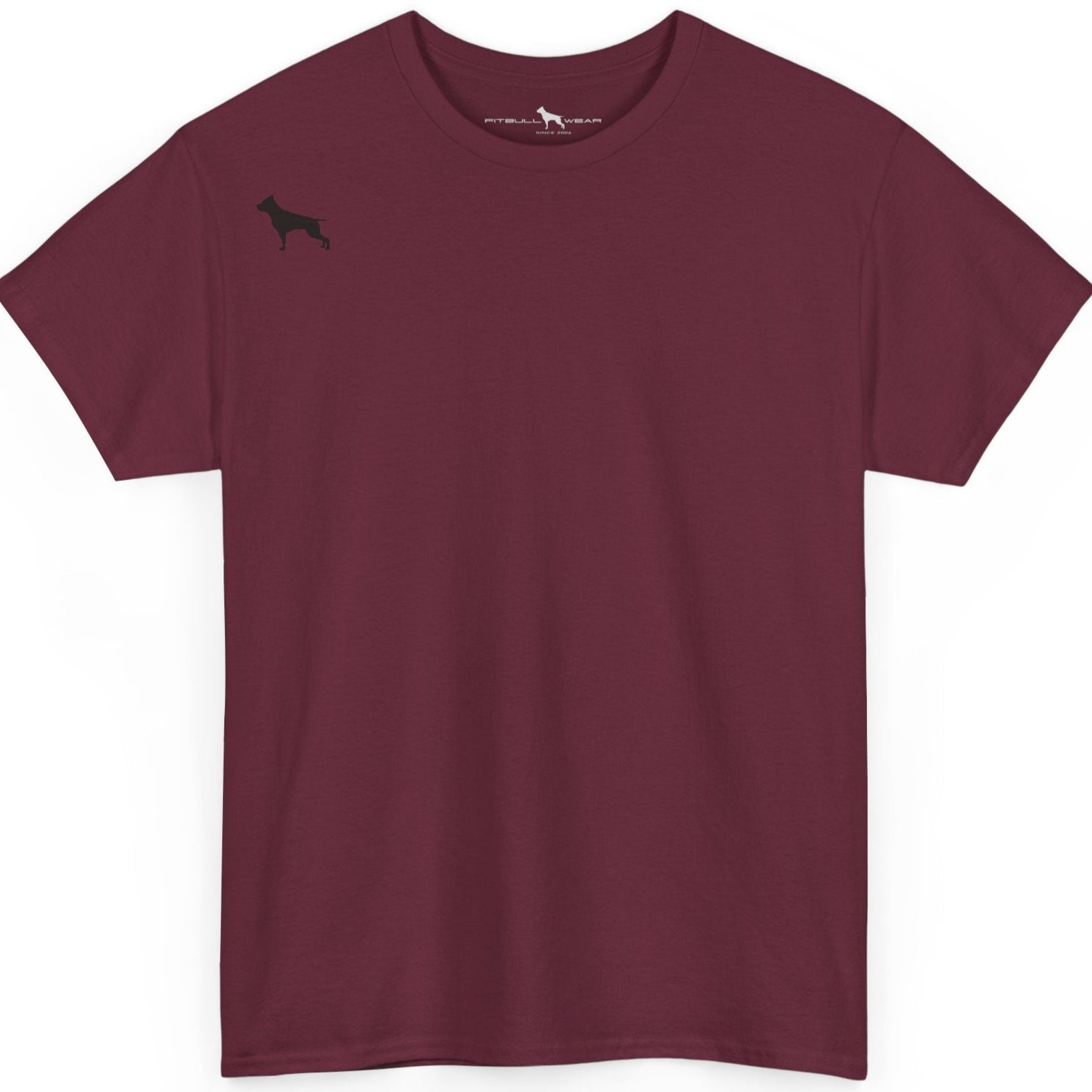 Maroon  Fitbull t-shirt with a small black logo on the front. Fitness and Bodybuilding motivating.