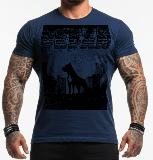 Man wearing a navy blue Fitbull t-shirt with motivational Urban graphic design and black Fitbull shorts.