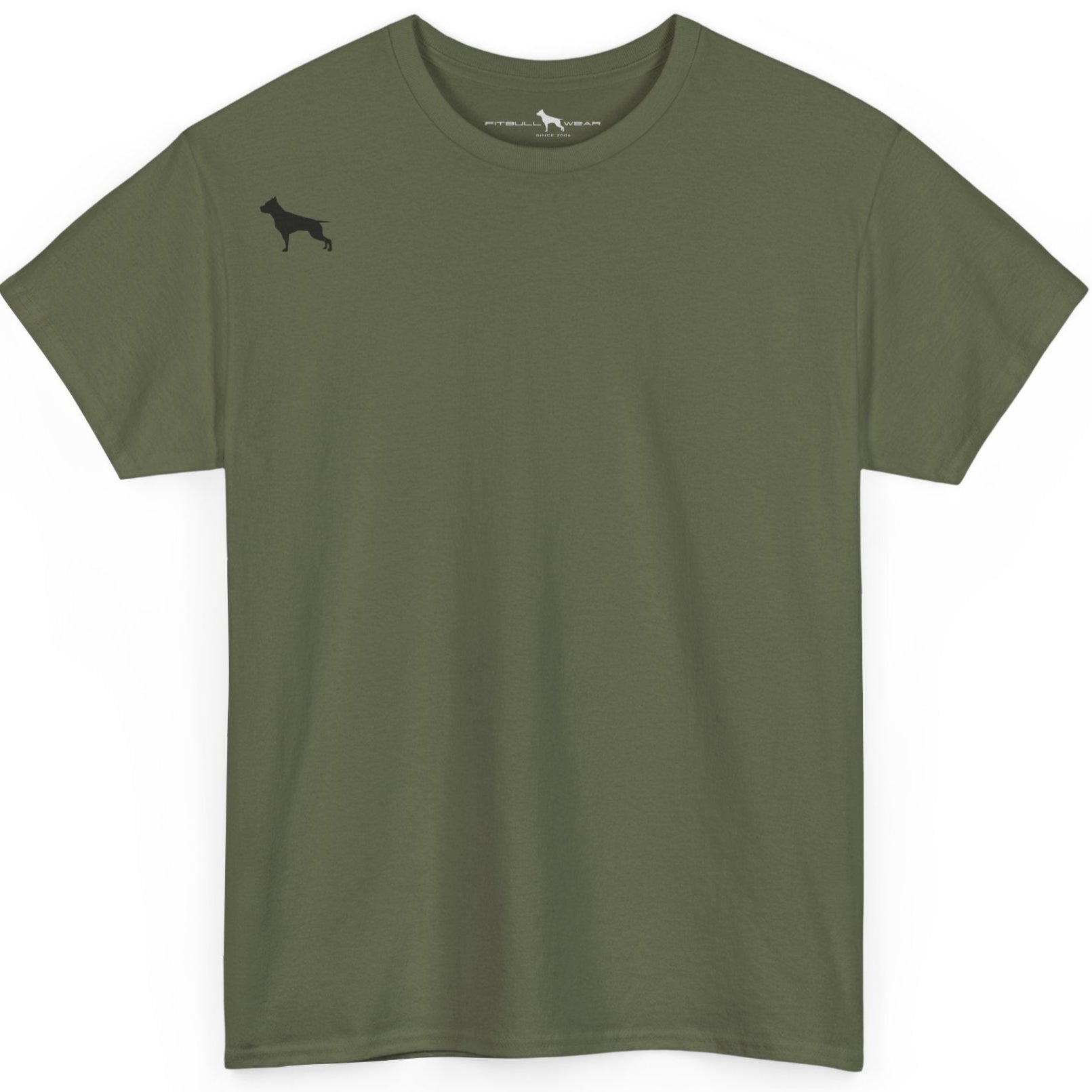 Military green Fitbull t-shirt with a small black logo on the front. Fitness and Bodybuilding motivating.