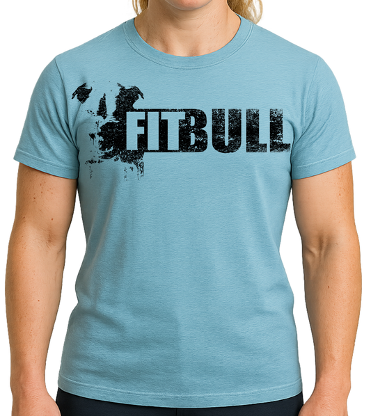 Person wearing a light blue t-shirt with 'FITBULL' training motivating design.