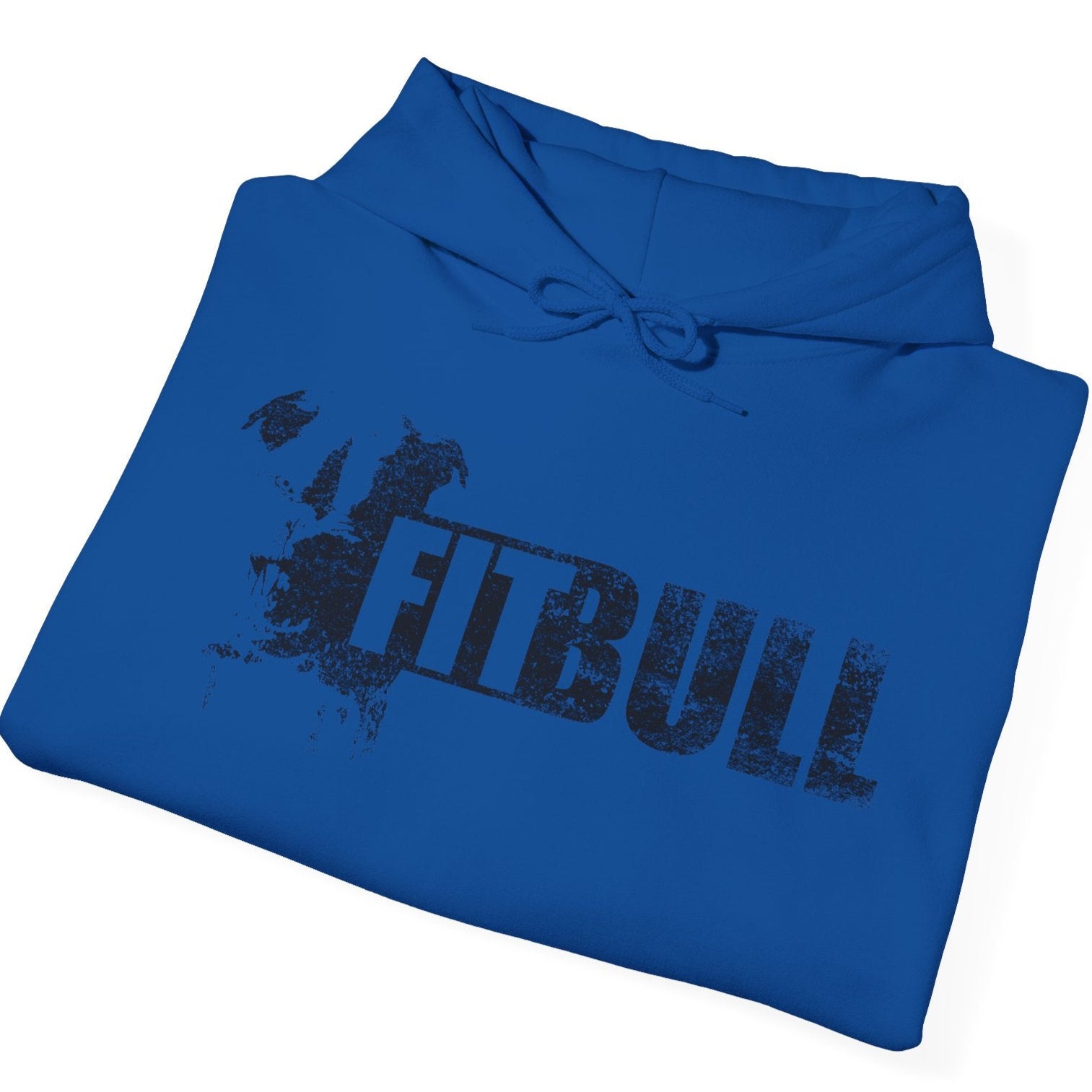 Blue hoodie with 'FitBull' logo on a white background