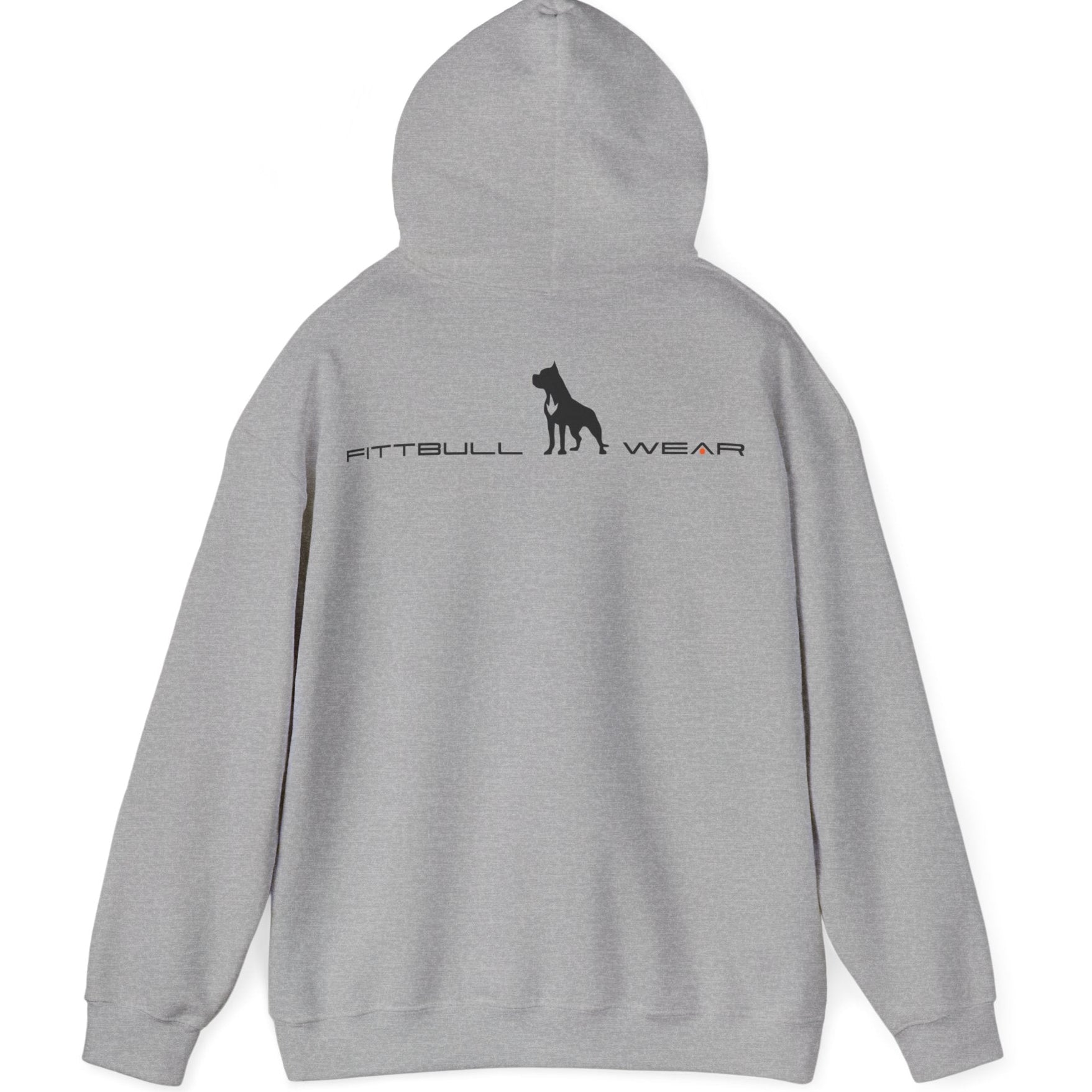 Gray hoodie with a logo on the back against a white background