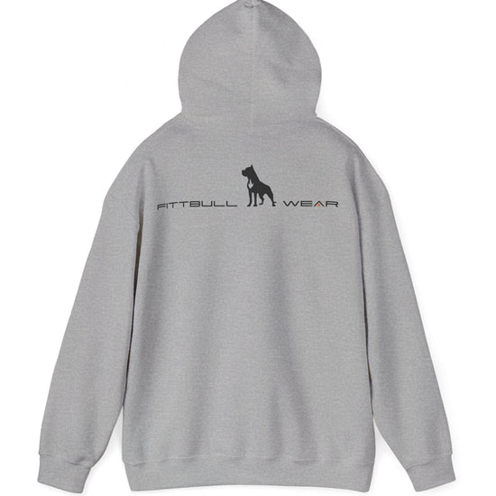 Gray hoodie with a logo on the back against a white background