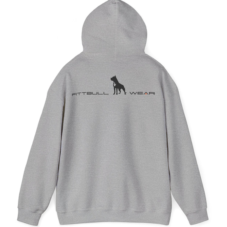 Gray hoodie with a logo on the back against a white background