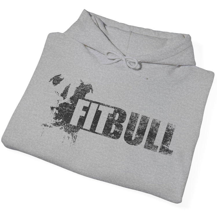 Folded gray hoodie with 'FITBULL' logo on a white background