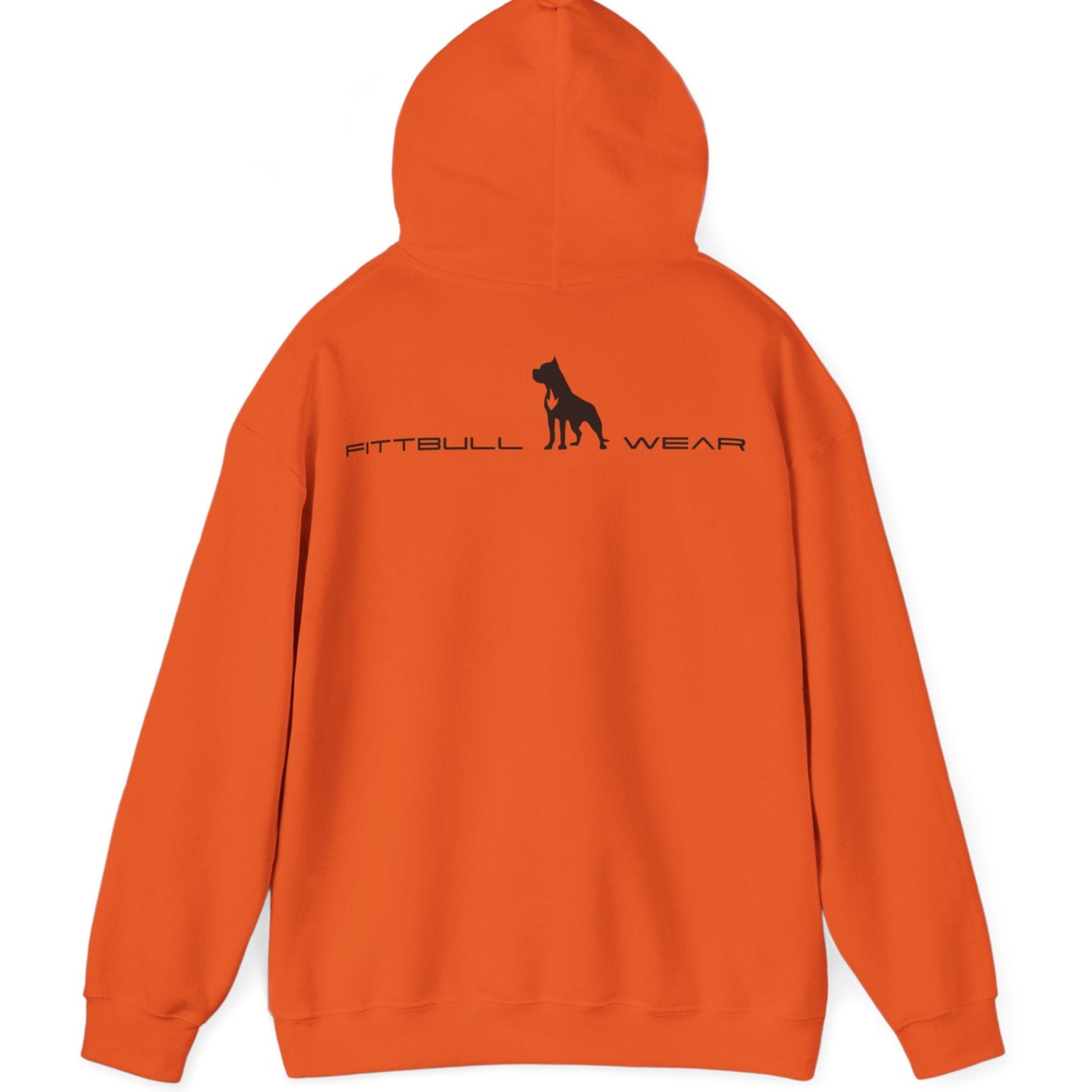 Orange hoodie with 'Pittbull Wear' logo on the back against a white background