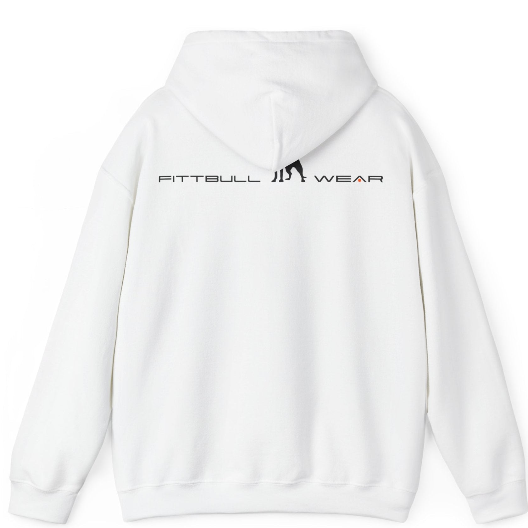 White back hoodie with 'FITBULL' mivational fitness design.