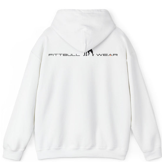 White back hoodie with 'FITBULL' mivational fitness design.