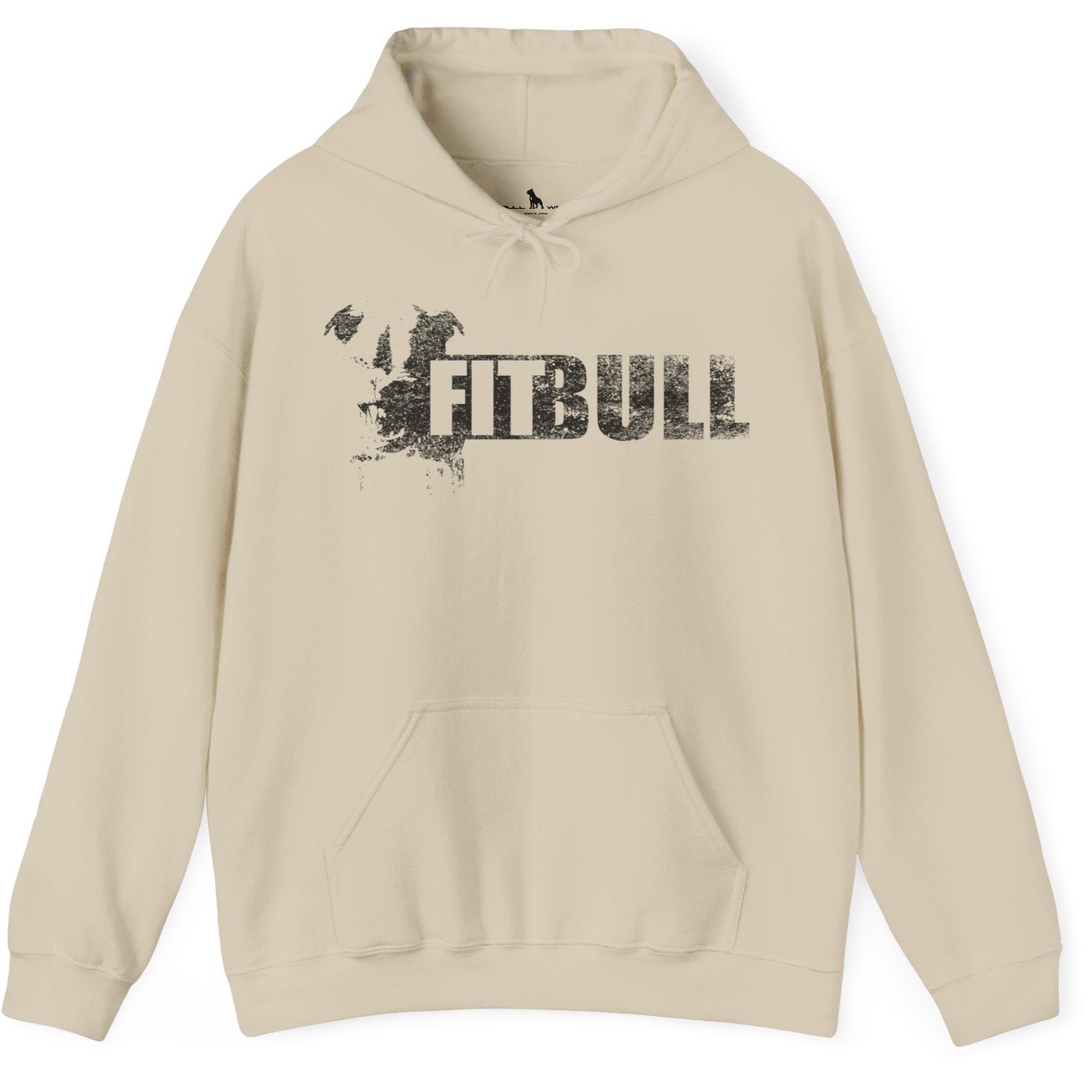 Beige hoodie with 'FITBULL' mivational fitness design.