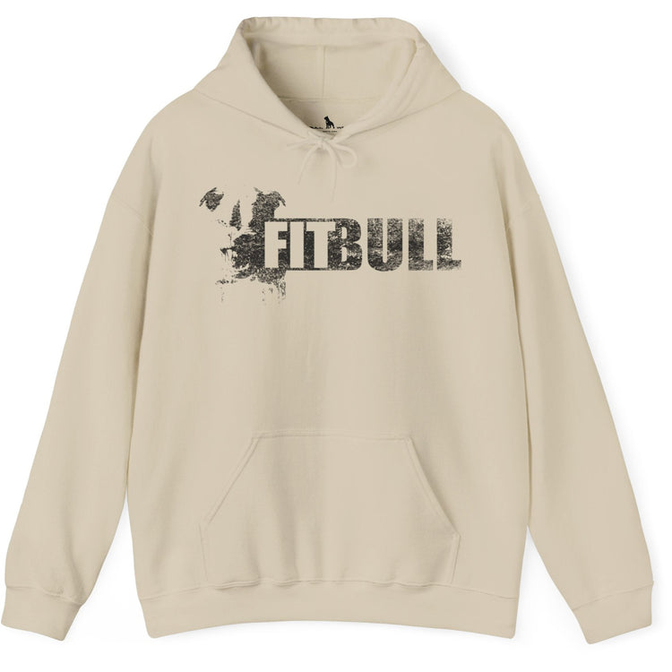 Beige hoodie with 'FITBULL' mivational fitness design.