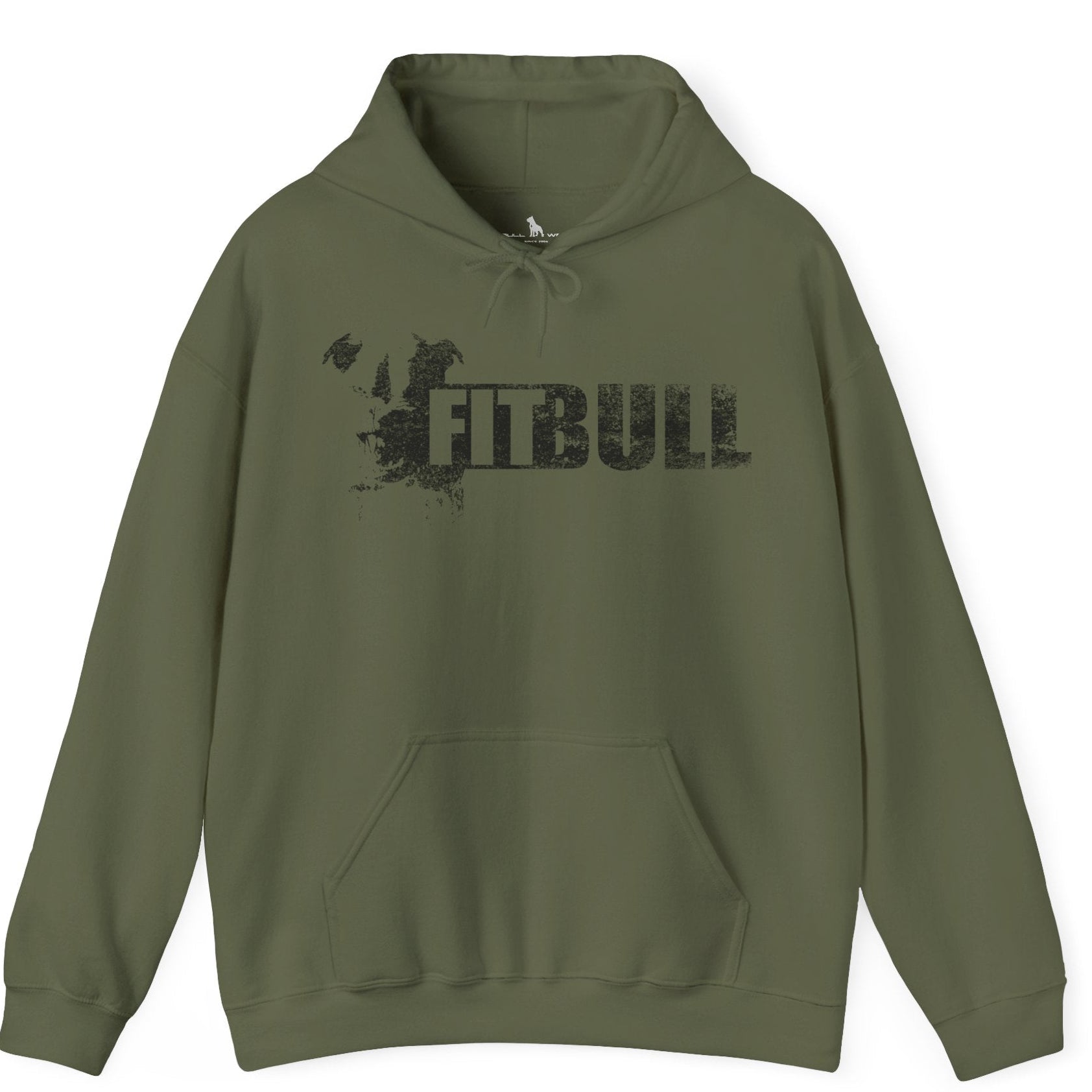 Military Green hoodie with 'FITBULL' mivational fitness design.