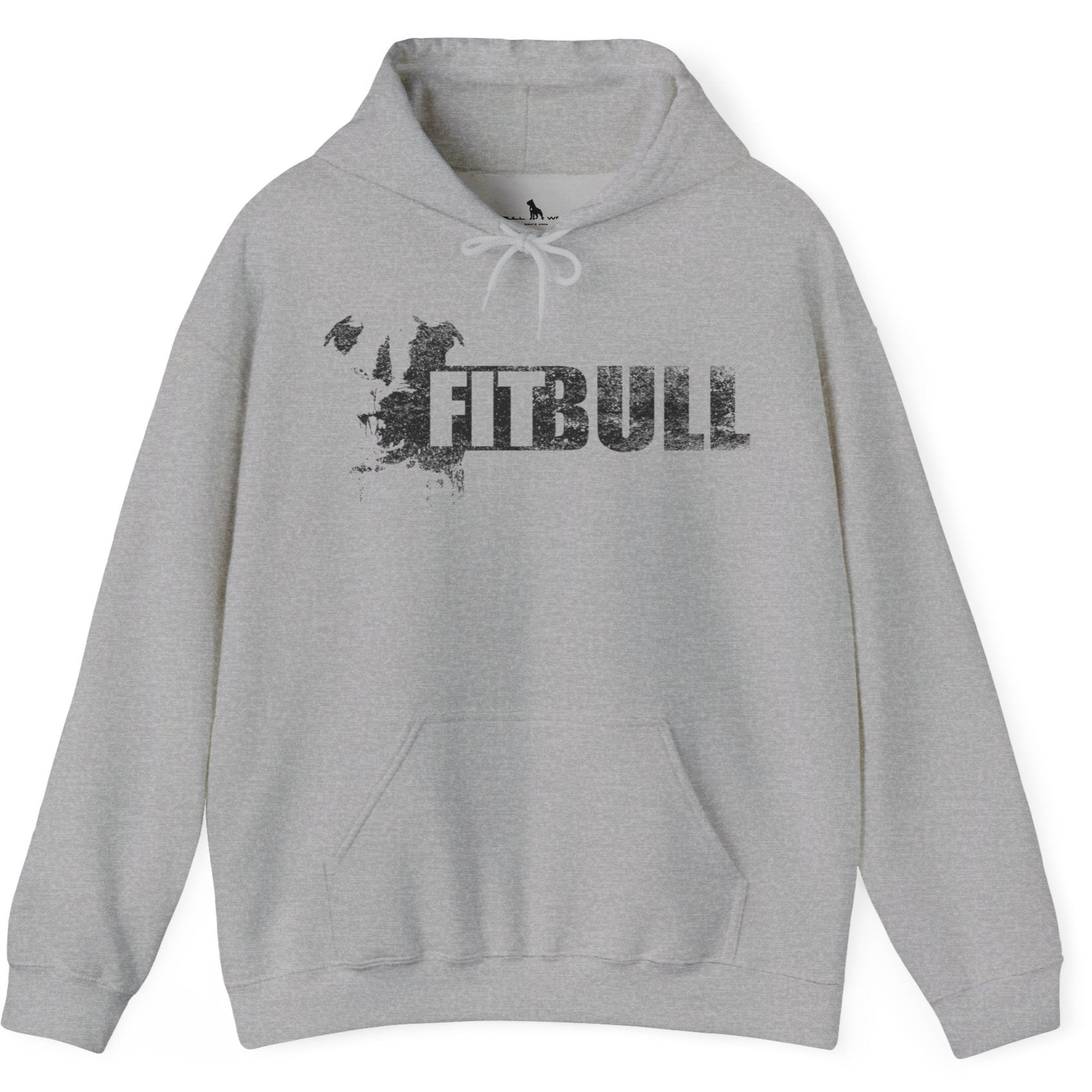Grey hoodie with 'FITBULL' mivational fitness design.