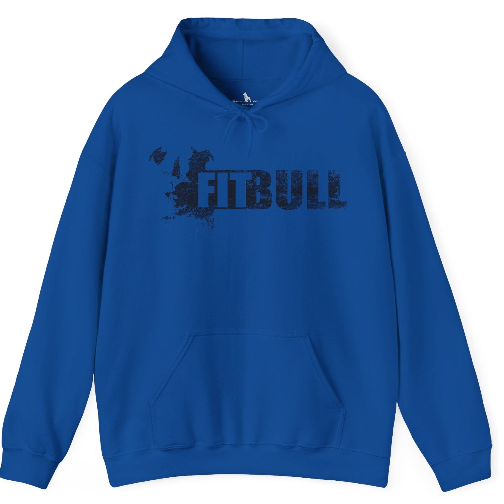 Blue hoodie with 'FITBULL' mivational fitness design.