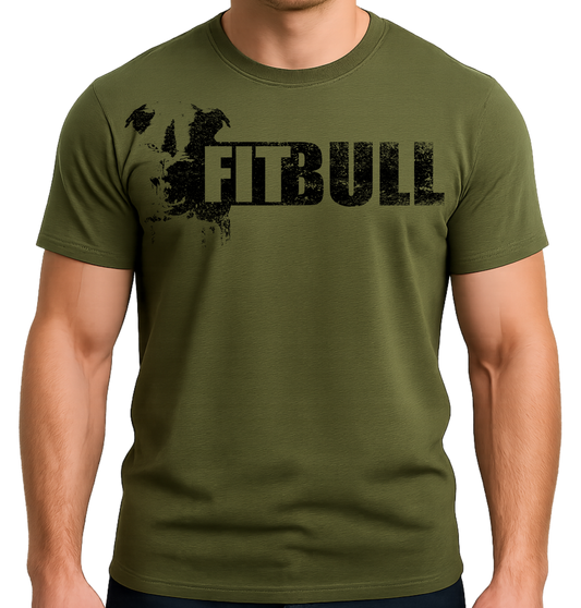 Man wearing a green t-shirt with 'FITBULL' training motivating design.