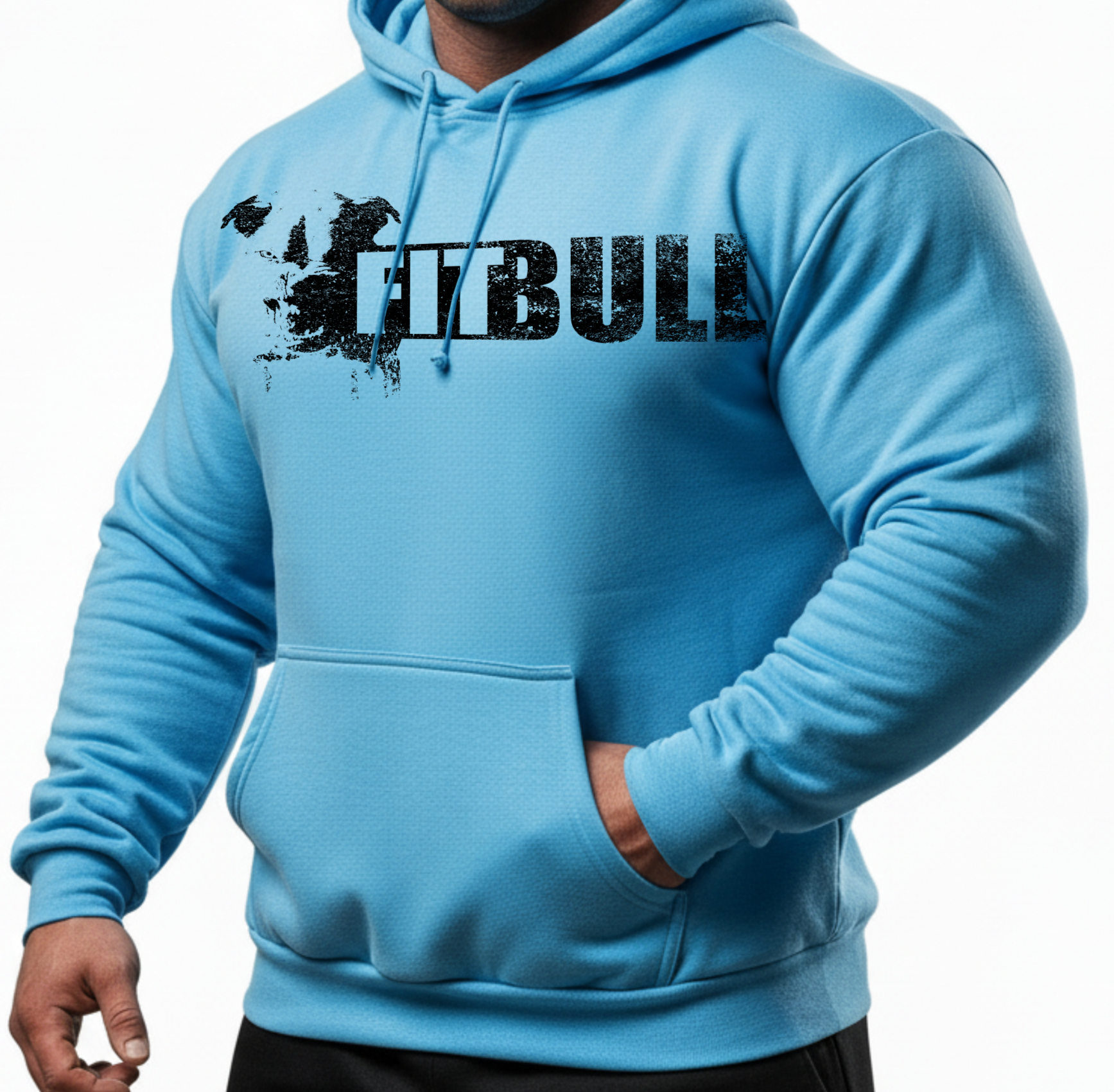 A man wear blue hoodie with 'FITBULL' mivational fitness design.