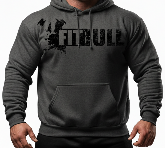 A man wear Dark Gray hoodie with 'FITBULL' mivational fitness design.