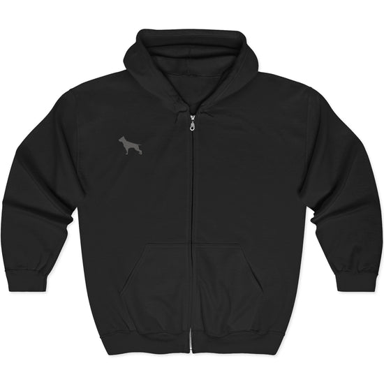 Black Fitbull sport hoodie with a small dog, brand logo with a zipper and two pockets.