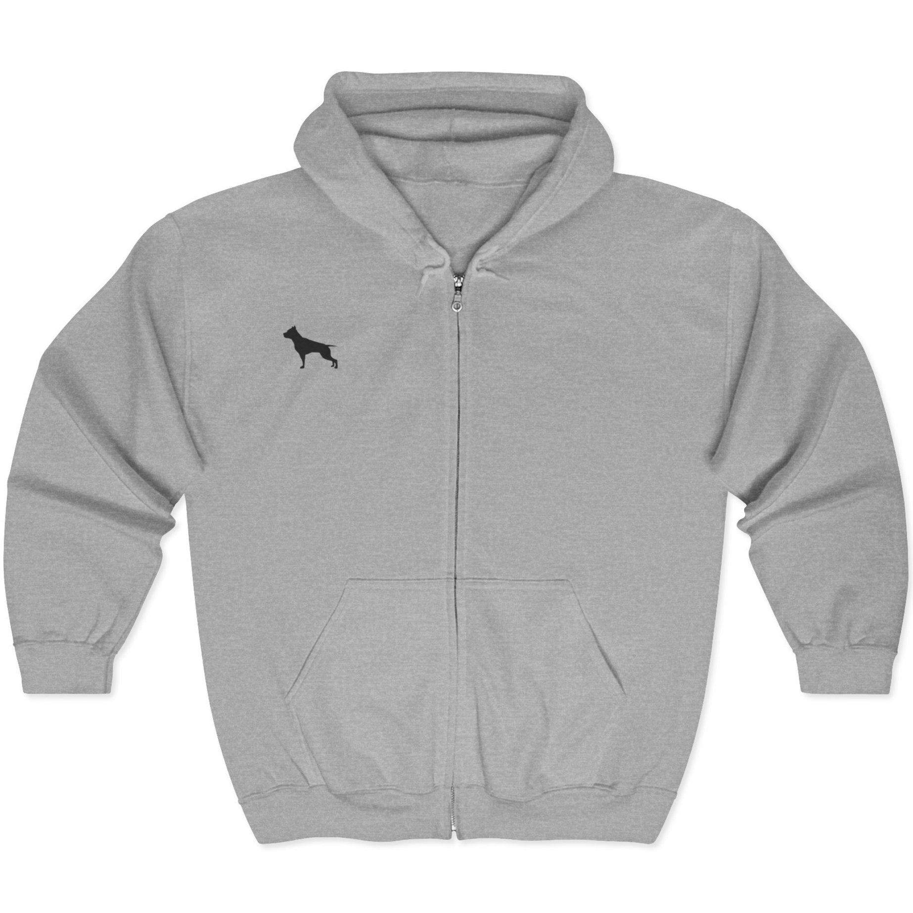 A grey Fitbull sport hoodie with a small dog, brand logo with a zipper and two pockets.