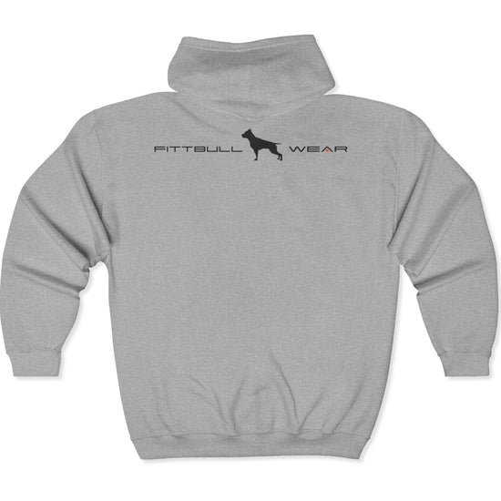 Grey hoodie with 'Fitbull Wear' text and Fitbull brand logo on back.