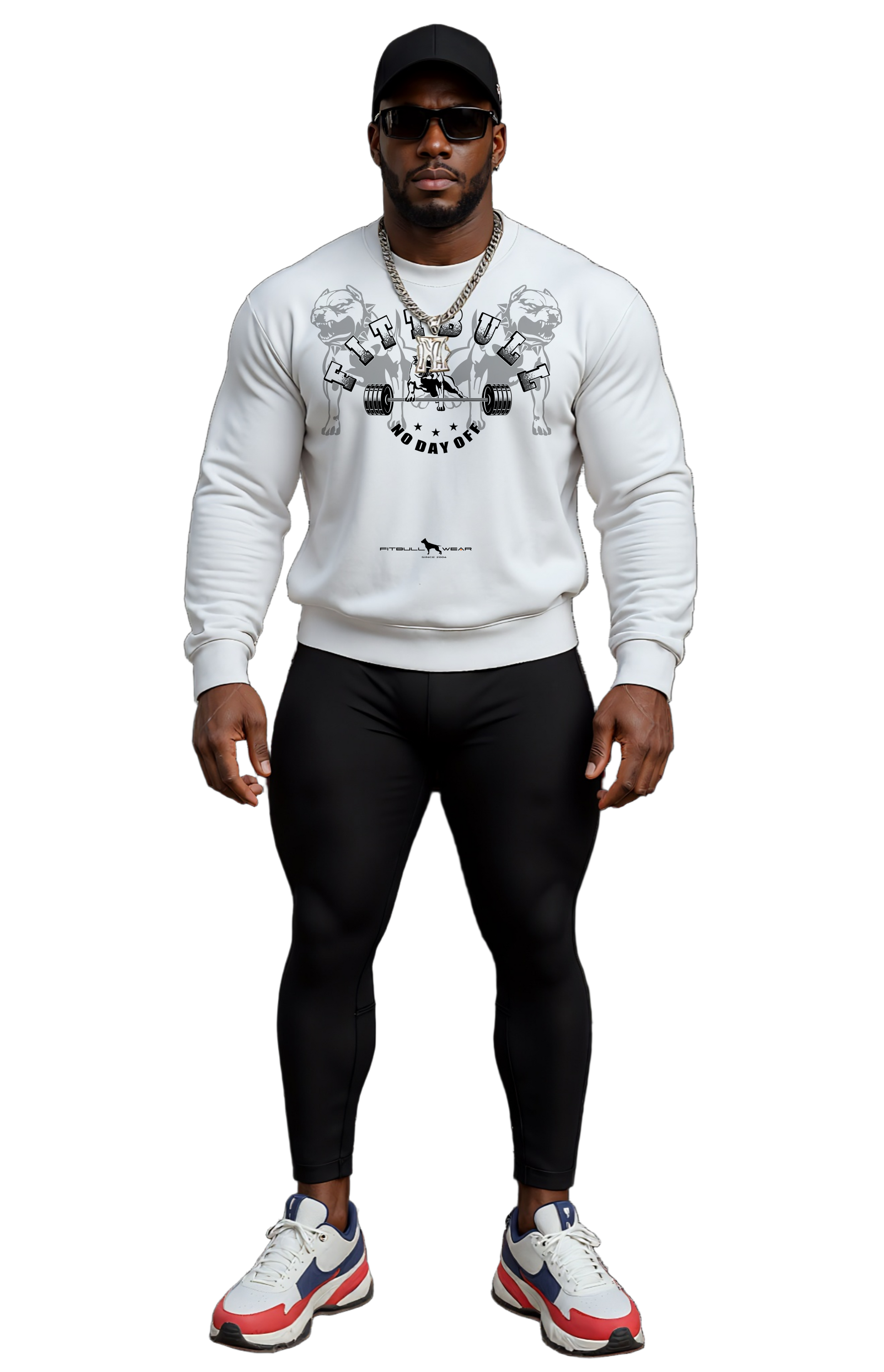 Man wearing a white sweatshirt with graphic design fitbull, no day off, black leggings, and colorful sneakers on a white background