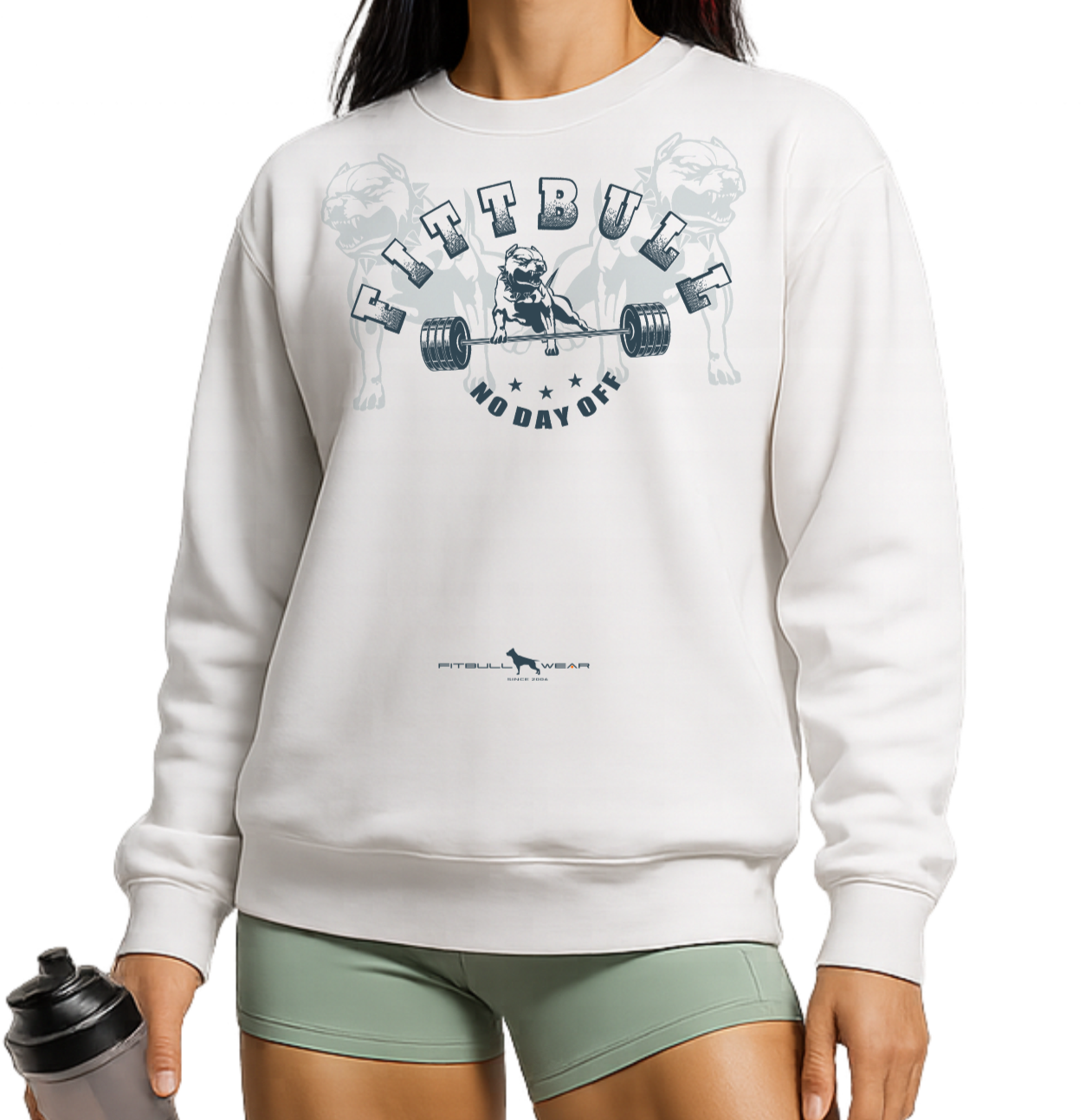Woman wearing a white sweatshirt with a logo Fitbull, green shorts, and white sneakers on a white background